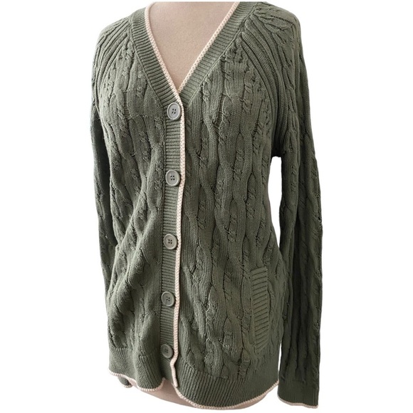 SPIRITUAL GANGSTER COTTON LUCIA OVERSIZED 100% COTTON CARDIGAN IN OLIVE W/CREAM - Picture 2 of 8